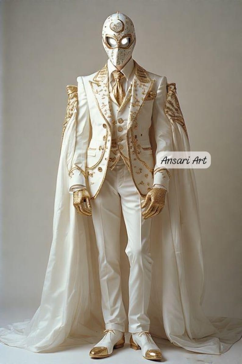 May include: A white suit with gold embellishments, including a jacket, vest, and pants. The suit features a cape and a mask with glowing eyes. Gold gloves and shoes complete the ensemble. The image includes the text "Ansari Art".