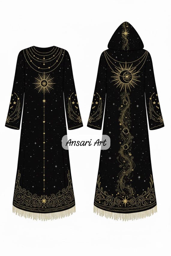 Black & Gold Sun and Moon Robe, Celestial Kimono Dress, Witch Gown, Hooded  Occult Kaftan, Mystical Astrology Loungewear - Etsy New Zealand