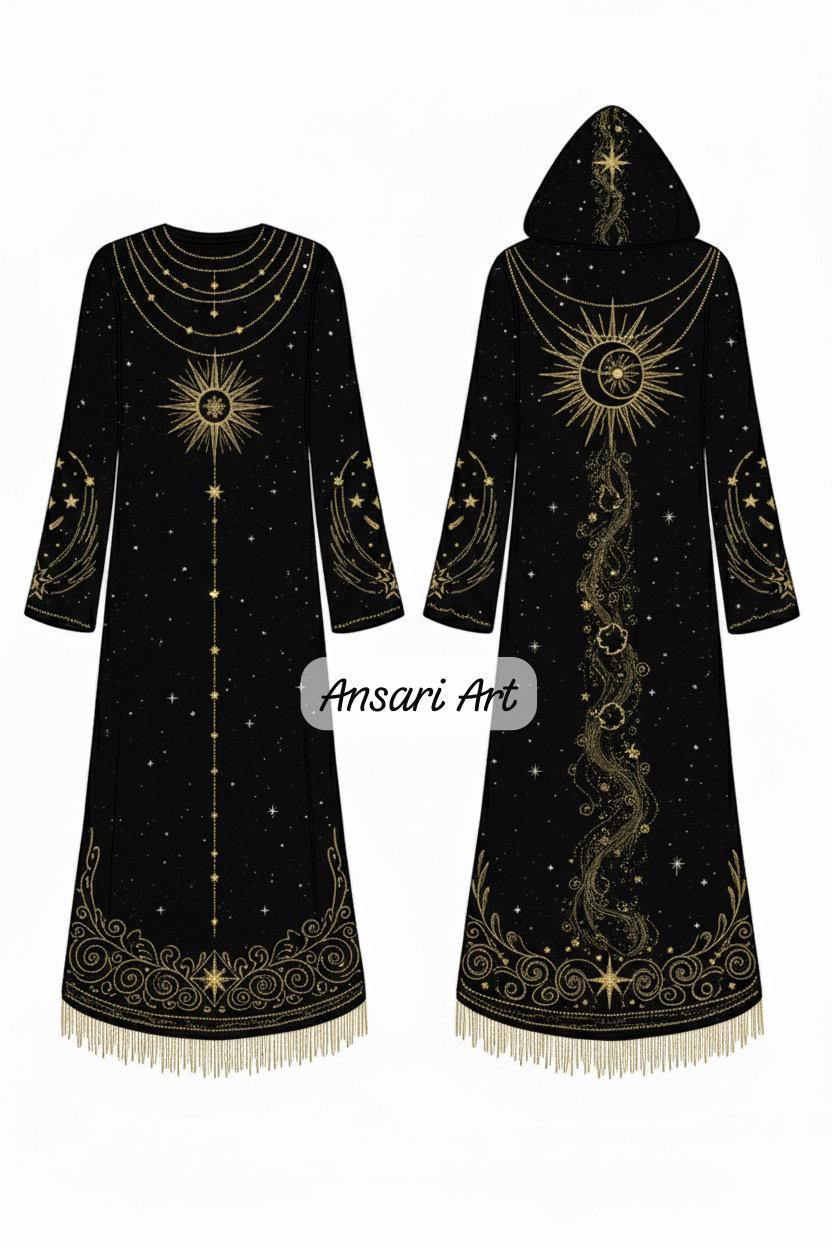Black & Gold Sun and Moon Robe, Celestial Kimono Dress, Witch Gown ...