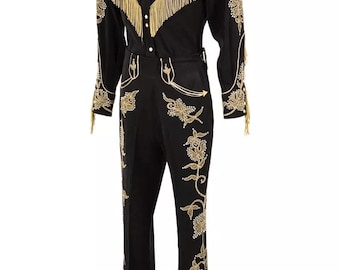 Men Designer Black 2Pc Customized Floral Embroidered & Rhinestones Country Western Cowboy Nudie Suit Cocktail Groom Party Wedding Day Outfit