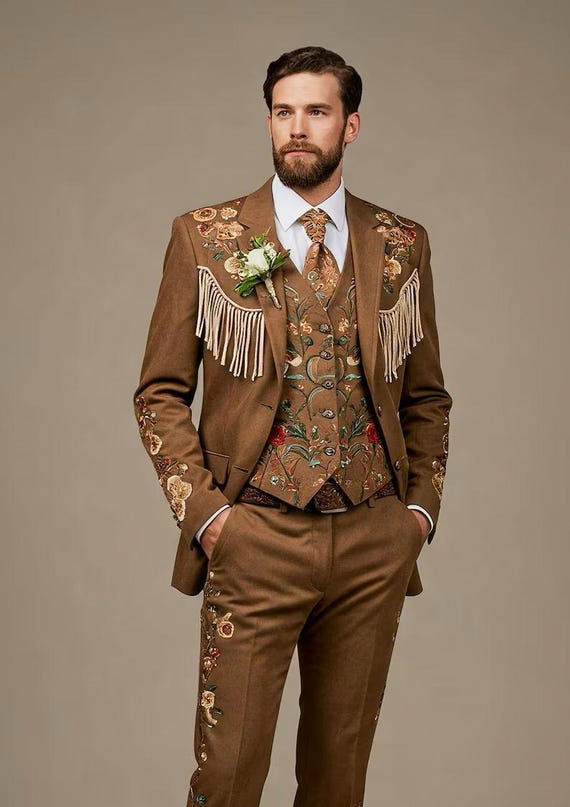Men Designer 3-Piece Brown Bespoke Country Western Suit - Embroidered Floral Nudie-Style Outfit for Groom Groomsmen Prom or Special Events