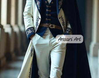 Men's Princely Wedding Suit, White Overcoat with Blue Embroidery, Royal Blue Cape, Fantasy Groom Attire, Noble Cosplay, Prince Long Coat Set