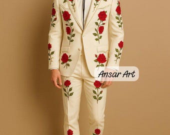 Men Designer Ivory 2Pc Customized Rose Floral Embroidered Country Western events & rodeo Nudie Cowboy Weddings Prom Parties Pantsuit Set