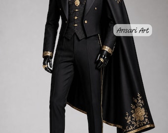 May include: A black formal suit with gold embroidery and accents. The ensemble includes a double-breasted jacket, vest, trousers, and a cape. A gold chain and jewelry adorn the outfit. The boots are black leather. The text "Ansari Art" is visible.