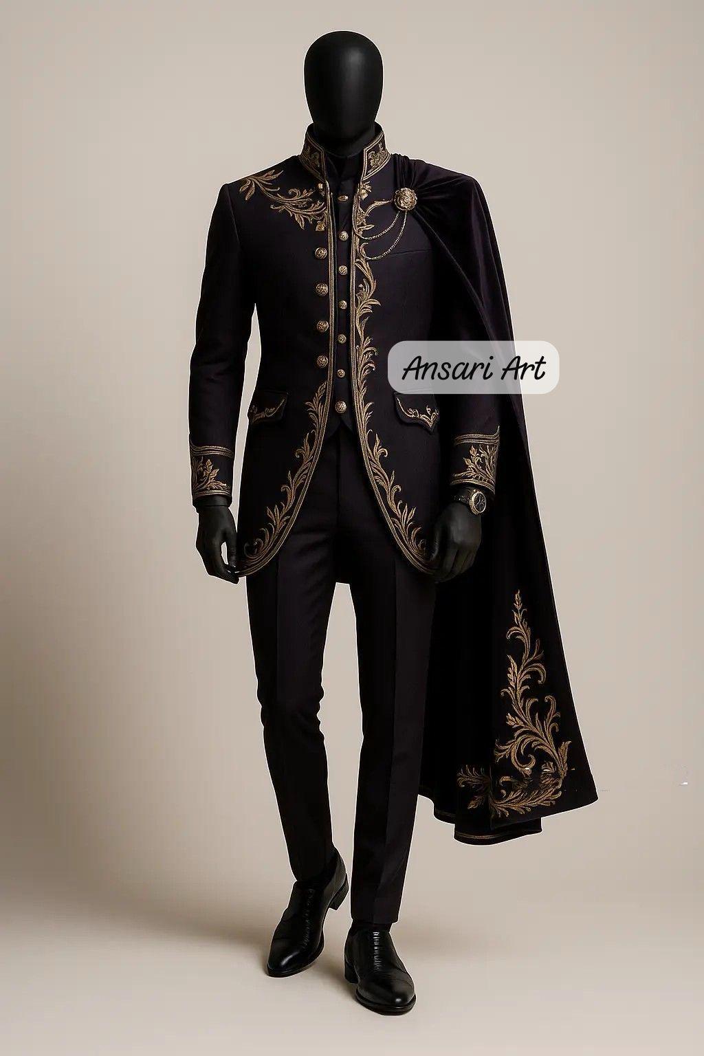 Men Dark Royal Costume. Gold Embroidered Frock Coat & Velvet Cape. Bespoke Prince/king/groom Wedding Attire. - Etsy Men Dark Royal Costume. Gold Embroidered Frock Coat & Velvet Cape. Bespoke Prince/king/groom Wedding Attire. - Etsy