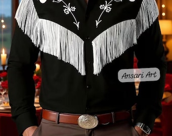 Black Fringe Western Shirt for Men White Floral Embroidered Cowboy  Rockabilly Stage Wear Nudie Suit Style Top Retro Western Wedding Shirt