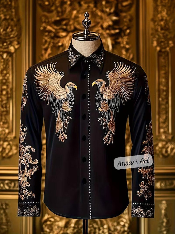 Gold Eagle Embroidered Western Shirt Men's Black Luxury Button Down Americana Cowboy Shirt Gothic Gold Embroidery Top Handcrafted Stage Wear