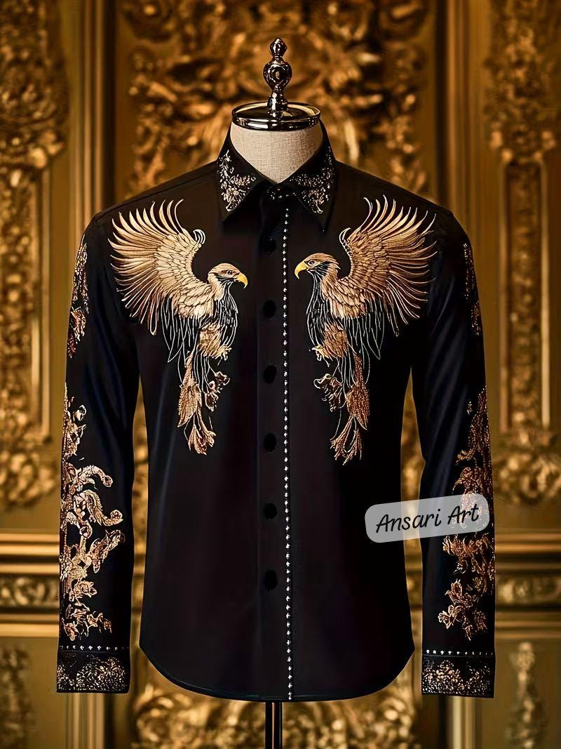 Gold Eagle Embroidered Western Shirt Men's Black Luxury Button Down Americana Cowboy Shirt Gothic Gold Embroidery Top Handcrafted Stage Wear