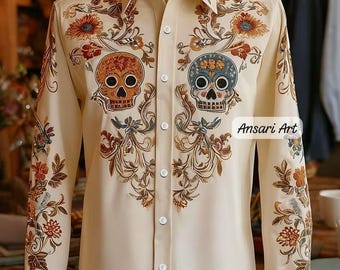 Embroidered Sugar Skull Western Shirt, Men's Day of the Dead Button Down, Floral Cowboy Shirt, Mexican Folk Art Long Sleeve, Boho Floral Top