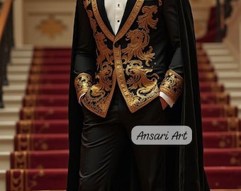 Traje negro de lujo para hombre con bordados dorados, conjunto de 3 piezas con capa, esmoquin de novio para boda, traje de graduación barroco regio, atuendo formal de fantasía