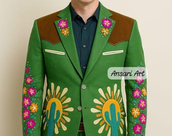 Men Green 2Pc Customized Cactus Floral Embroidered With Rhinestones Nudie Country Western Cowboy Cocktail Prom Parties Weddings Pantsuit Set