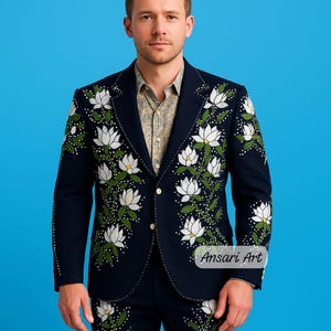 Men Navy Blue 2Pc Customized Flower Leaf’s Embroidered With Rhinestones Country Western Suit Cocktail Wedding Day Party Music Event Attire