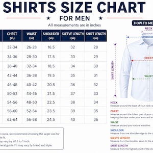 May include: A shirts size chart for men, with measurements in inches. Includes neck, chest, waist, shoulder, sleeve length, and shirt length measurements for sizes XS to 5XL. A diagram illustrates how to measure each area.