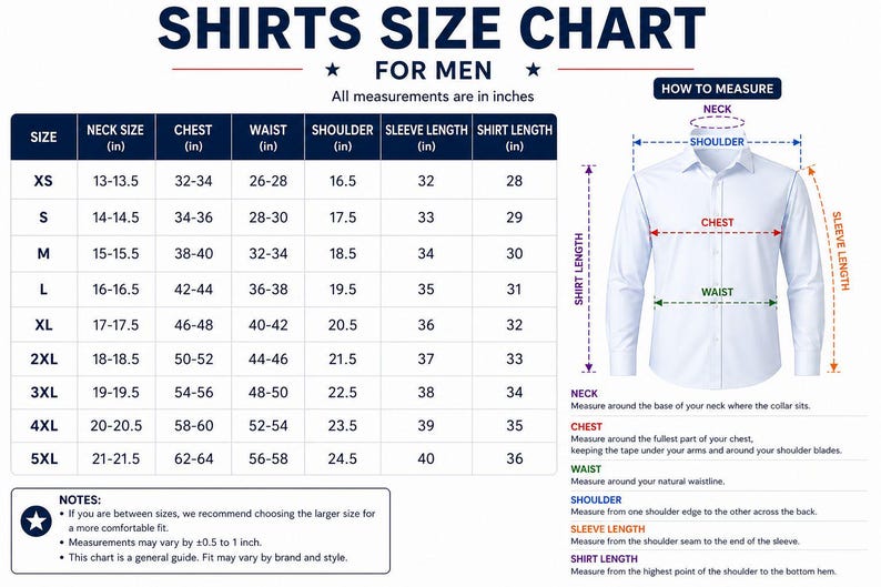 May include: A shirts size chart for men, with measurements in inches. Includes neck, chest, waist, shoulder, sleeve length, and shirt length measurements for sizes XS to 5XL. A diagram illustrates how to measure each area.