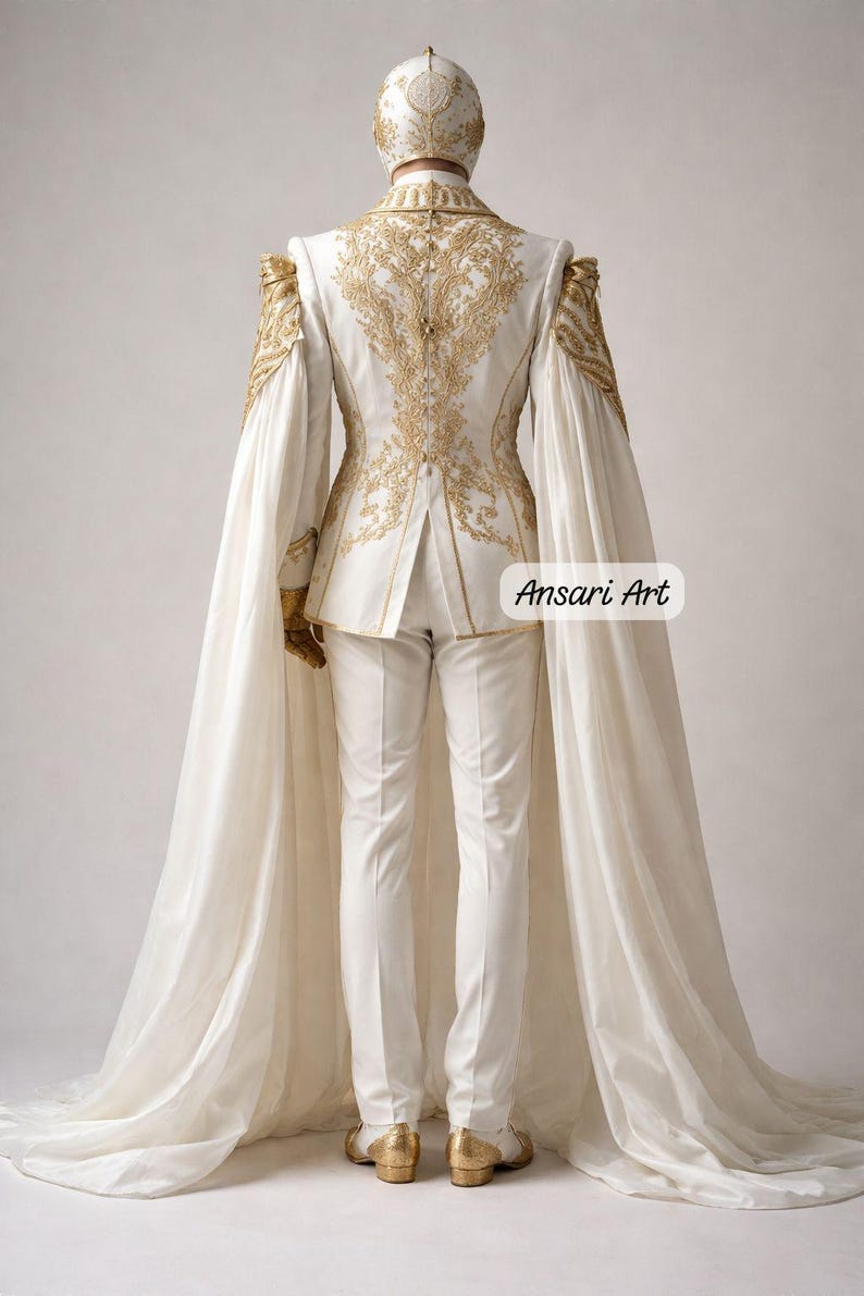 May include: A white formal suit with gold embroidery, featuring a long cape and matching headwear. The suit has intricate gold detailing on the shoulders and back. Gold shoes complete the ensemble. The text "Ansari Art" is visible.