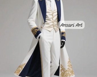 Royal White Men's Frock Coat - Victorian Military Wedding Suit - Gold Embroidered Long coat - Prince Charming Costume - Regency Groom Wear