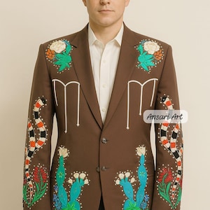 Men Designer 2Pc Brown Bespoke Country Western Suit Floral Cactus Embroidered With Rhinestones Nudie Cowboy Cocktail Groom Wedding Prom Suit