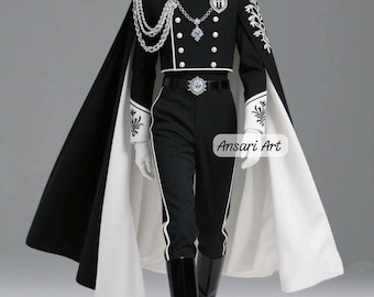 Black & White Royal Military Cape, Custom Silver Embroidered Hussar Jacket, Dramatic Theatrical Cloak for Men, Groom Wedding Suit