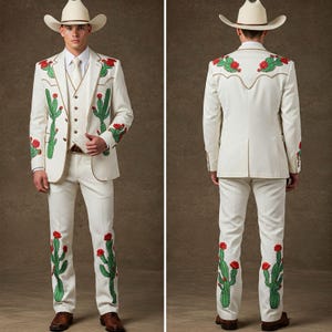 Pode incluir: Um fato de cowboy creme com bordados de cactos verdes e flores vermelhas. O fato inclui um casaco, colete e calças, e é combinado com um chapéu de cowboy a condizer. O fato tem um corte sob medida e é adequado para um evento temático do oeste.