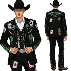 Männer Schwarz 3Pc Kundenspezifische Karten Würfel Pferd Kaktus Gestickt & Strass Western Nudie Anzug Cowboy Retro Musik Events Hochzeit Party Outfit
