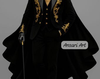 Capa de terciopelo negro, traje de novio personalizado con bordado real, abrigo negro estilo príncipe con bordado dorado, capa larga estilo victoriano para hombre.