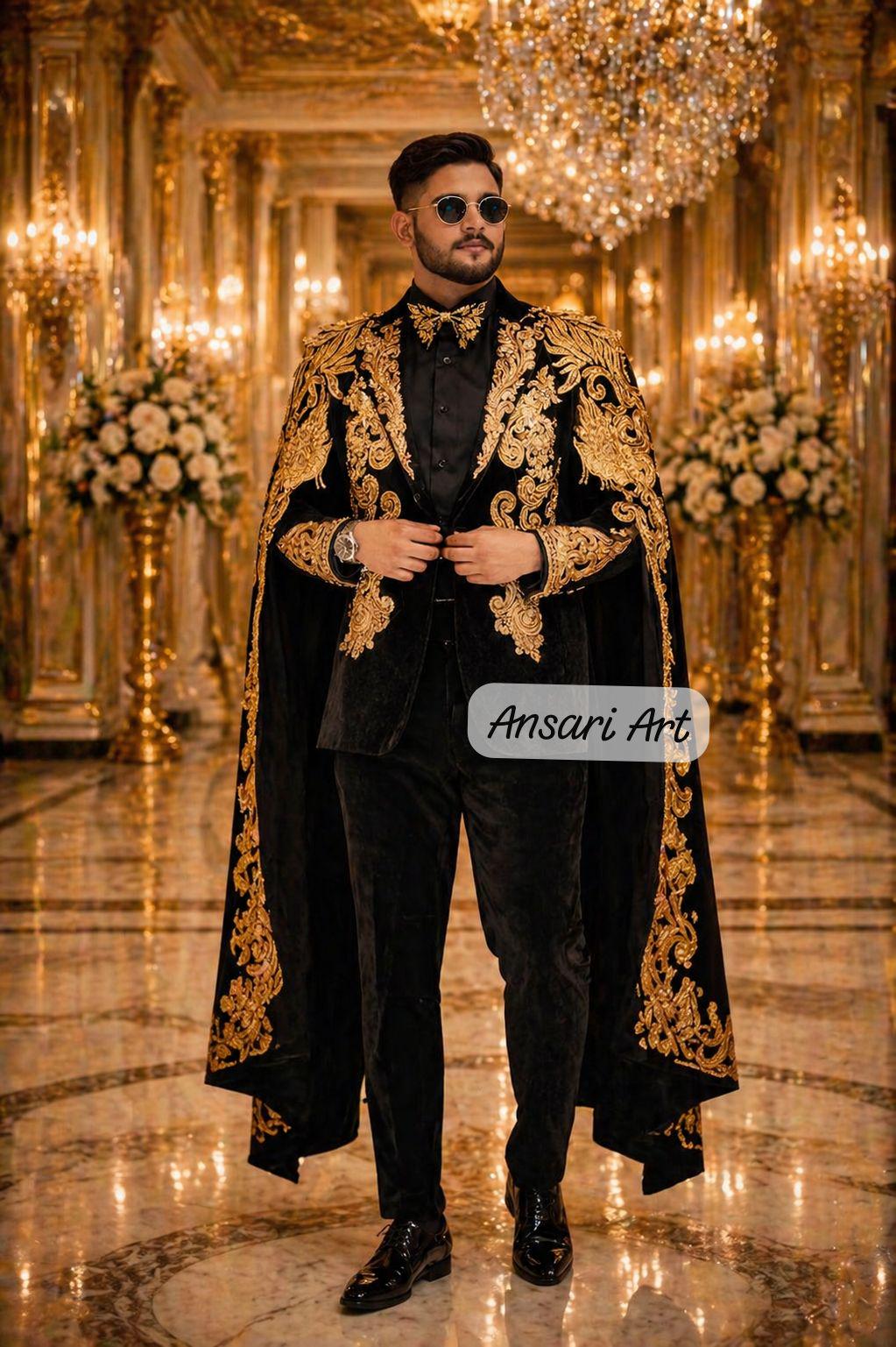 Gothic King Black Velvet Cape and Blazer Set Hand Embroidered Gold Baroque Suit Vampire Royal Costume Stage Performance Wear Luxury Fantasy