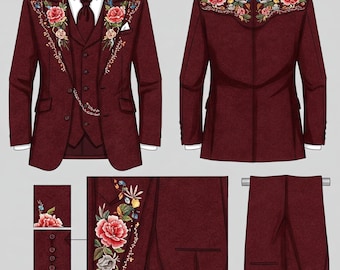 Men’s Maroon 4-Piece Customized Floral Embroidered Peak Lapel Country Western Suit – Retro Groom, Prom, Wedding, & Party Outfit