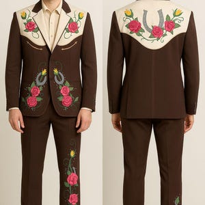 Men Designer 2Pc Brown Bespoke Country Western Suit Floral Embroidered With Rhinestones Nudie Cowboy Cocktail Groom Wedding Prom Suit