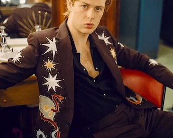 Men Black 2Pc Customized Flower Skeleton Embroidered Golden Rhinestones Country Western Nudie Suit Cocktail Groom Party Wedding Day Outfit