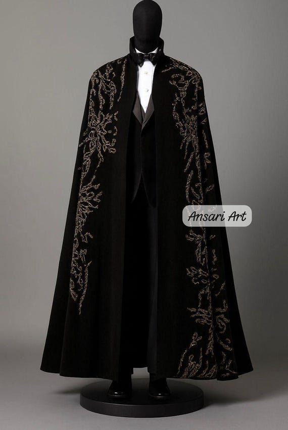 Black Velvet Cape and 2Pc Suit Set | Luxury Men's Formal Wear | Hand-Embroidered Groom Outfit | Bespoke Velvet Cloak & Tuxedo Set
