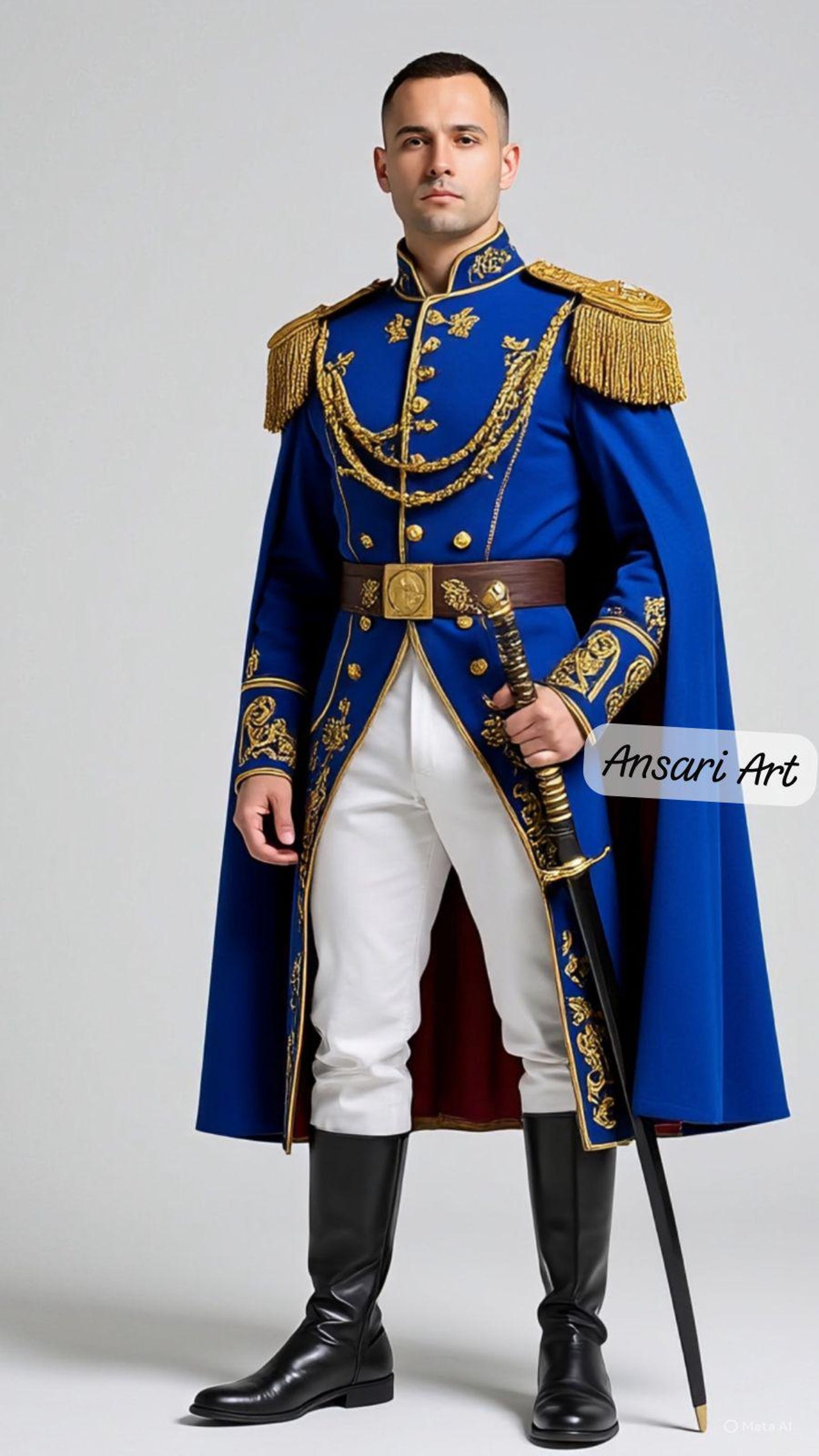 ロイヤルブルーの軍服ロングコート(金刺繍とケープ付き)|イベントや舞台イベントに最適な高級礼装セット - Etsy 日本