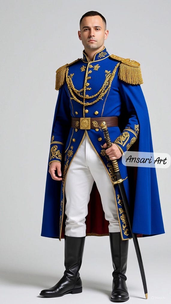 army dress blues cape Royal Blue Military Officer Long Coat With Gold Embroidery and | Luxury Ceremonial Uniform Costume for Events and Stage Event Set 39 (can be hemmed