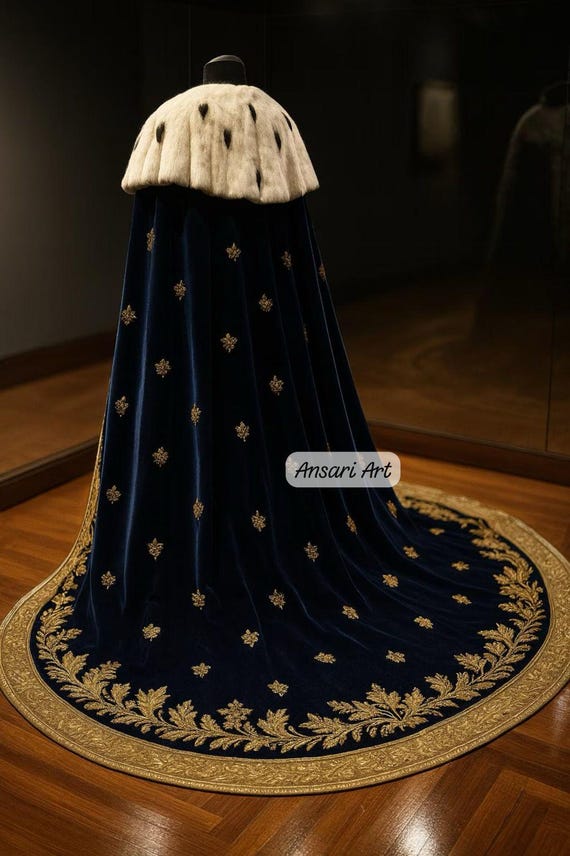 王室の王様ベルベットケープ、ファーカラー付き、金刺繍の中世戴冠式