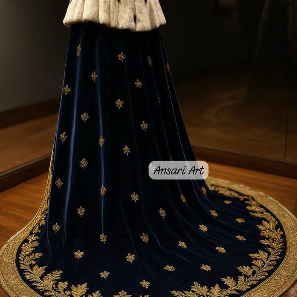 Manto Real de Veludo com Gola de Pele, Manto Medieval de Coroação Bordado a Ouro, Traje Real Personalizado