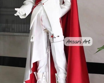 May include: A white suit with a red sash and cape. The suit features a high collar, decorative buttons, and silver chain accents. White lace-up boots complete the ensemble. The text "Ansari Art" is visible.