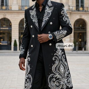 Luxury Men's Black Long Coat Silver Crystal Embroidered Royal Wedding Groom Suit Rhinestone Stage Wear Red Carpet Trench Coat Masquerade image 1