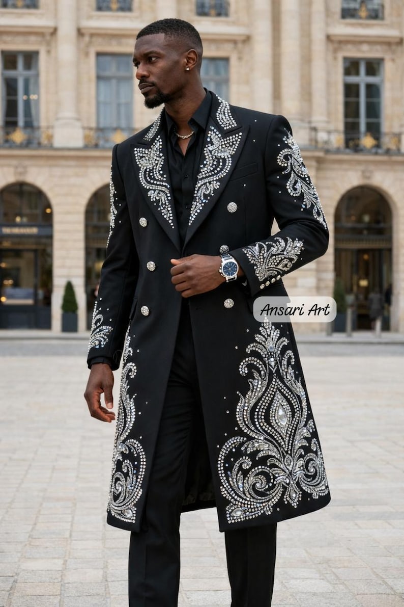 Luxury Men's Black Long Coat Silver Crystal Embroidered Royal Wedding Groom Suit Rhinestone Stage Wear Red Carpet Trench Coat Masquerade image 1