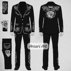 Männer Schwarz 2Pc Kundenspezifische Karten Würfel Bestickte Über Strasssteine Country Western Nudie Cowboy Retro Musik Events Abschlussball Party maßgeschneiderte Kleidung
