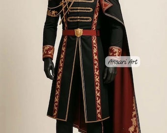 Men's Black Military Wedding Suit - Gold Embroidered Groom Outfit - Royal Prince Jacket with Cape - Custom Formal Tuxedo Alternative