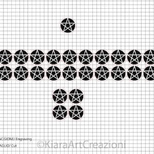 May include: Black and white pentagram design on a white grid background. The design is made up of 18 circles with a pentagram inside each circle. The circles are arranged in a pattern of three rows. The top row has one circle, the middle row has 10 circles, and the bottom row has 7 circles.
