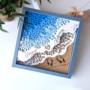 May include: A square shadow box frame containing a layered paper art piece depicting a beach scene. The design features blue ocean waves, white foam, and a tan sand shore with two sets of footprints. The names Stuart and Rebecca are printed.