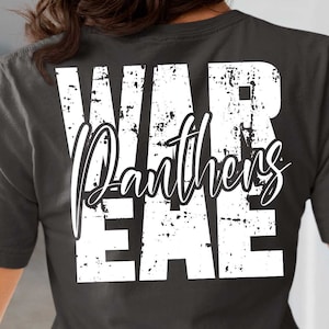 May include: Dark gray t-shirt with the text "WAR Panthers EAE" in white, distressed lettering. The shirt is a crew neck style and appears to be made of a soft material. The design is on the back of the shirt.