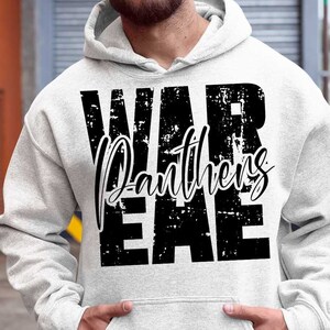 May include: A white hoodie with a black graphic print that says "WAR Panthers EAE".