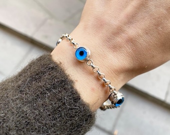 925 Sterling Silver Personalized Handmade Evil Eye Bracelet, Blue Evil Eye Bracelet, Mothers Bracelet, Valentine Day, Birthday Gift