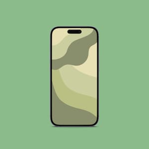 Może przedstawiać: Smartfon z abstrakcyjnym wzorem tapety w odcieniach zieleni i beżu.