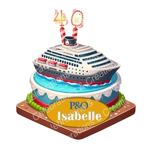Puede incluir: Un pastel de barco de crucero blanco y azul con un letrero amarillo que dice "P&O Isabelle" y dos bengalas rojas y blancas con el número 40 en la parte superior.