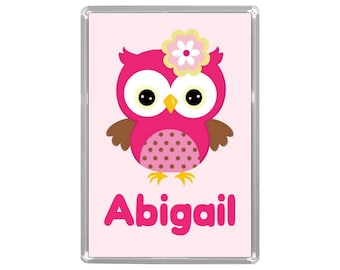 Personalised PINK OWL Jumbo Size Acrylic Fridge Magnet/Refrigerator Magnet (Overall Size 9.7cm by 6.7cm)