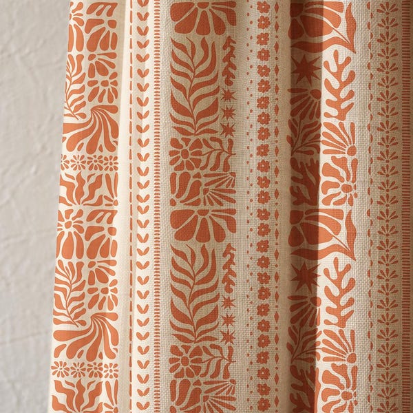 Terracotta Linen Curtain Panel, Botanical Stripe, Boho Scandinavian Style