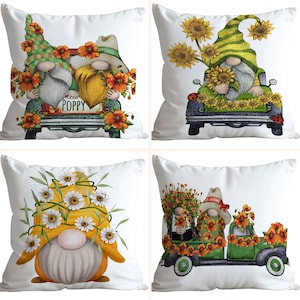 Funda de almohada de gnomo de girasol, funda de almohada de gnomo floral, almohadas de decoración de jardín, decoración del hogar de gnomo, fundas de almohada con estampado de ambos lados.