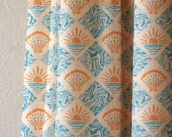 Art Deco Linen Curtain Panel, Seashell Sun Print, Coastal Decor